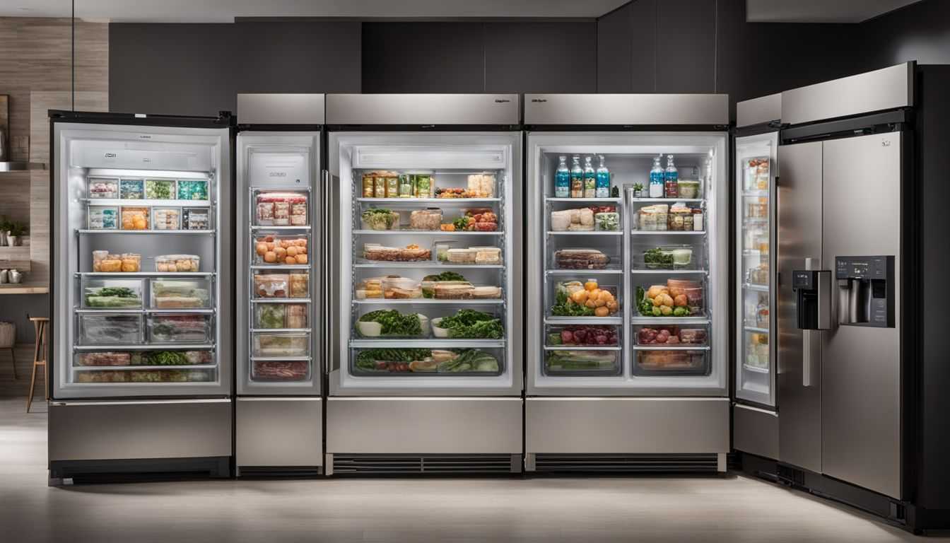 A variety of upright freezers displayed in a modern kitchen setting.