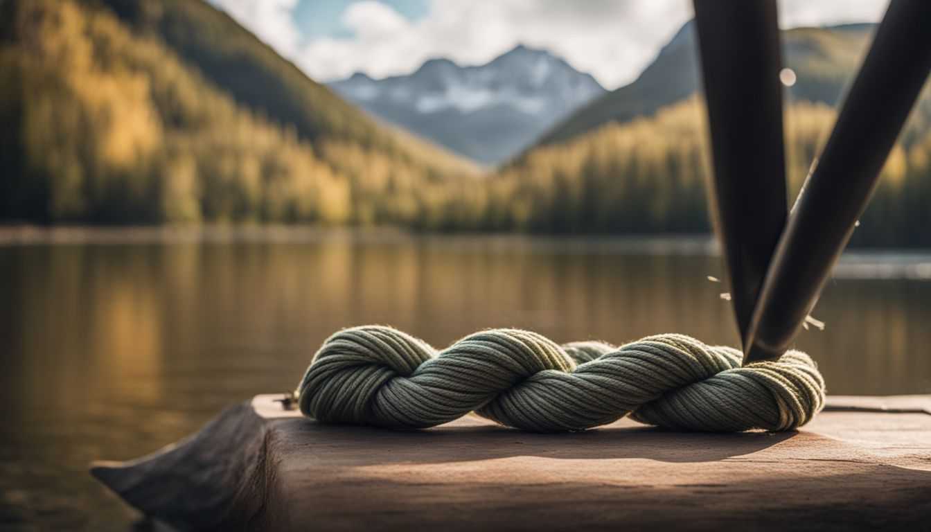 A well-tied fishing knot in a scenic fishing location.