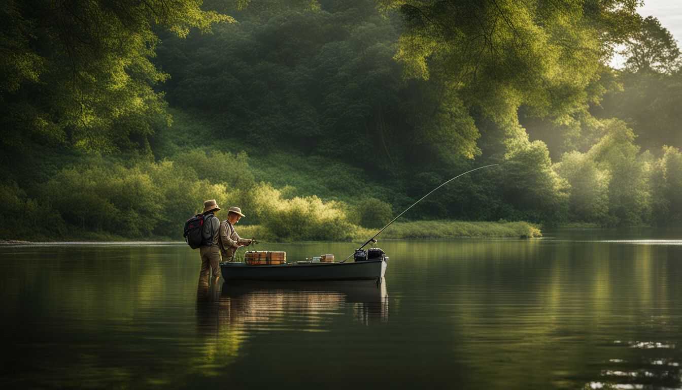 A tranquil lake with fishing equipment surrounded by lush nature.