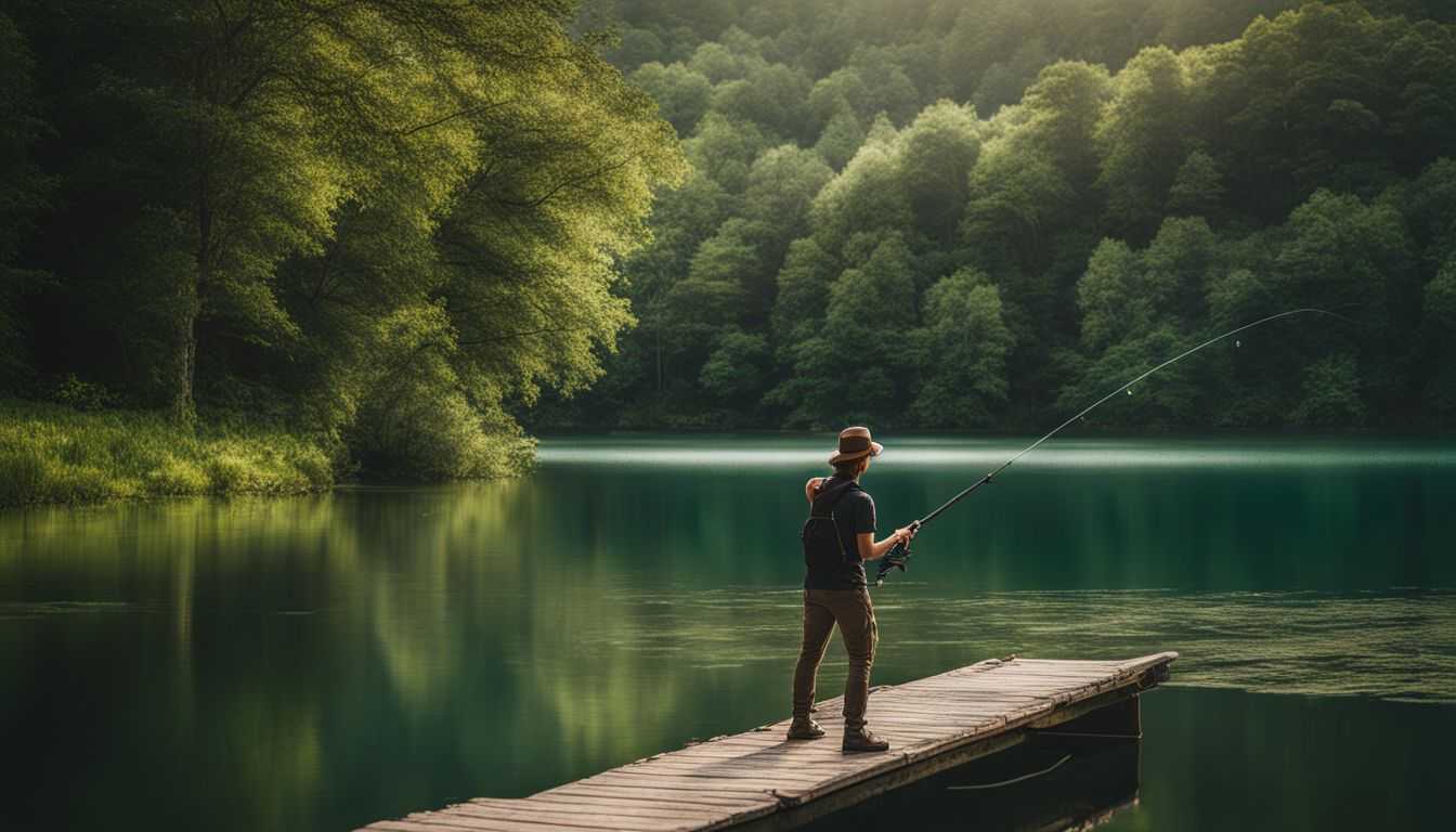 A tranquil fishing scene with a picturesque lake and lush surroundings.