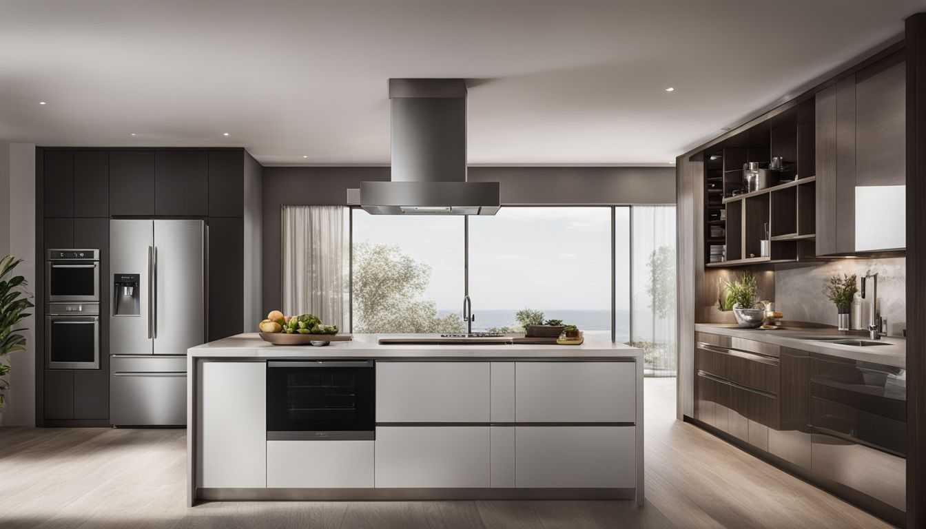 A modern kitchen with a sleek refrigerator and bustling atmosphere.