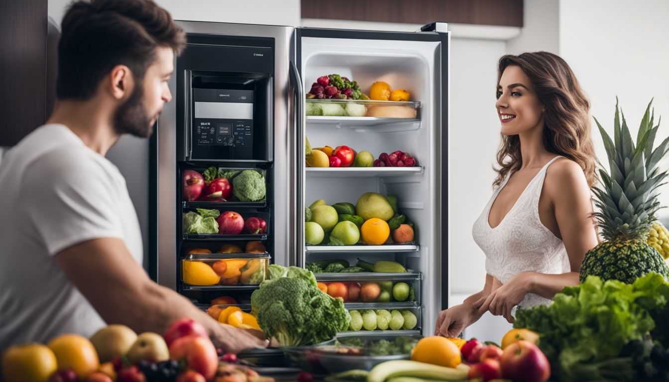 A photo of a modern side-by-side refrigerator with a variety of colorful fruits and vegetables.