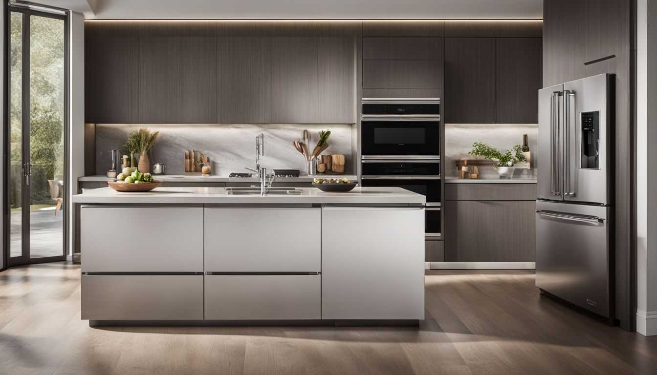 A modern kitchen featuring a sleek stainless steel French door refrigerator.