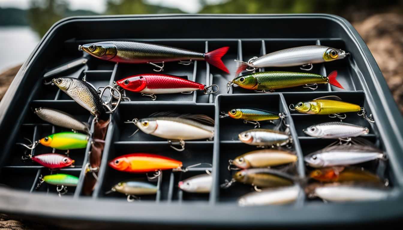A variety of fishing lures displayed neatly in a tackle box.