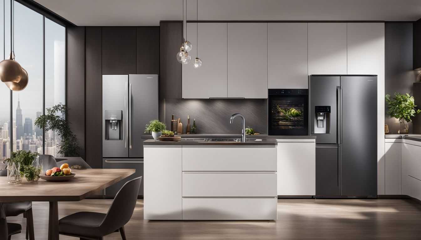 A photo of a sleek Samsung smart refrigerator in a modern kitchen.