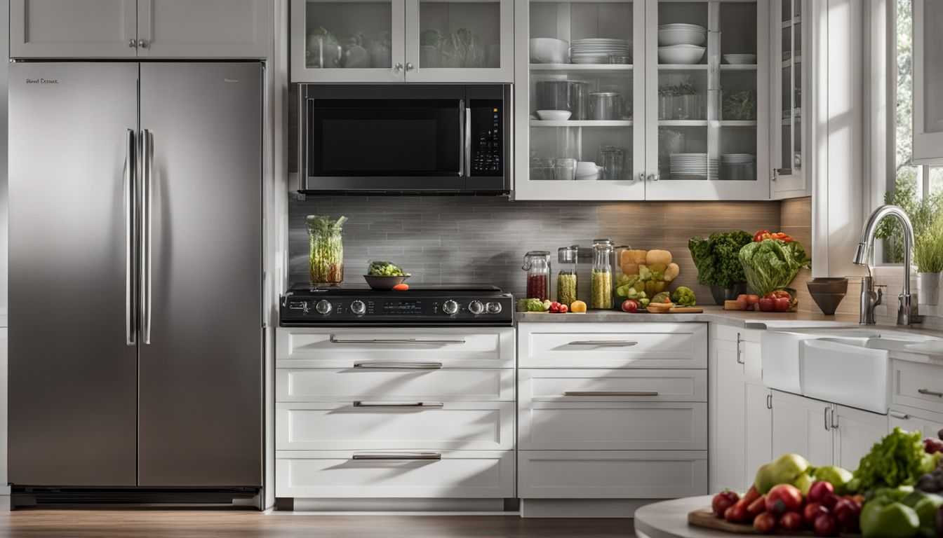 A modern kitchen with a stylish Frigidaire refrigerator filled with fresh produce and beverages.