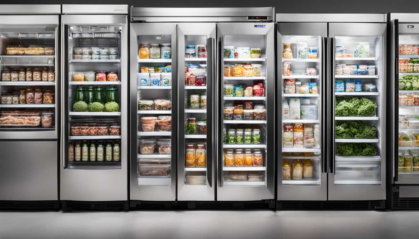 A diverse row of commercial refrigerators in a well-lit setting.