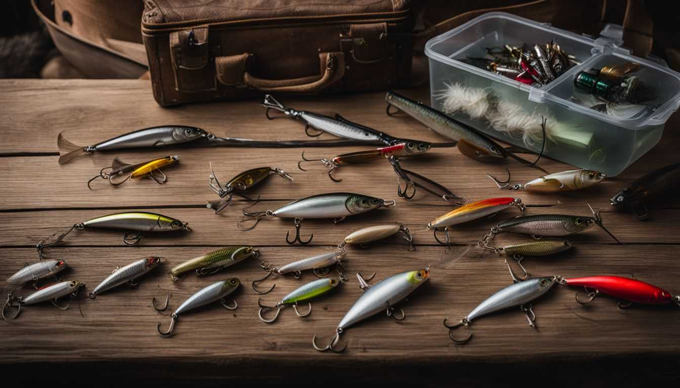 A variety of fishing lures and gear spread out on a wooden table.