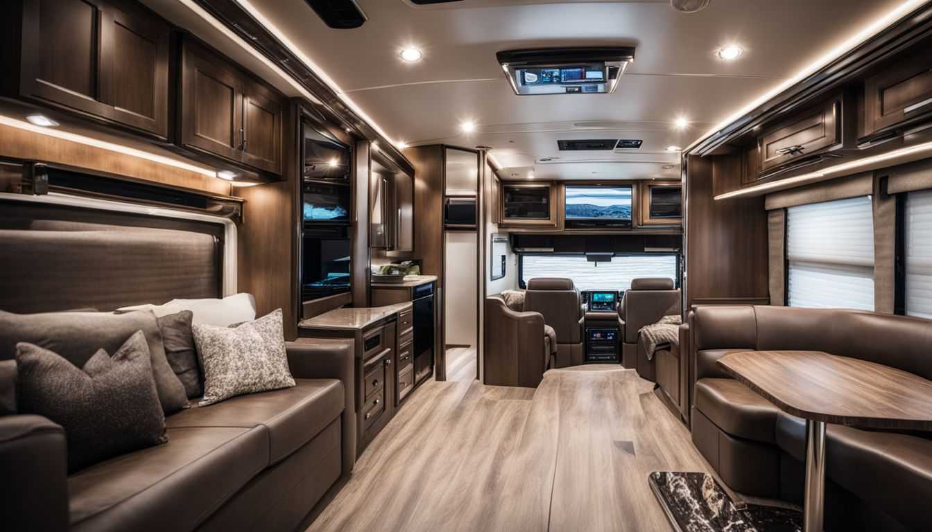 A stylish RV interior with luxurious furnishings and a modern compressor refrigerator.