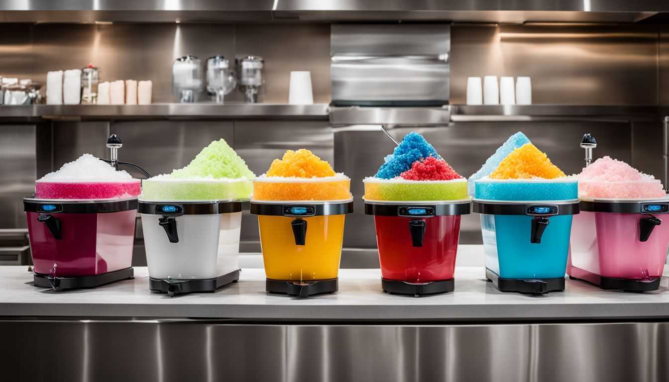 A variety of colorful snow cone machines displayed on a countertop.