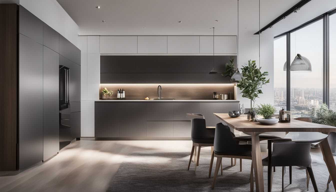 A minimalist kitchen with a modern refrigerator, cityscape photography, and various styles.