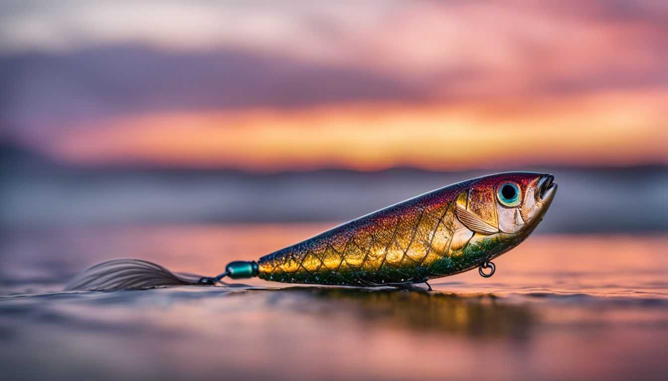 A popper lure floats on calm water during a colorful sunset.