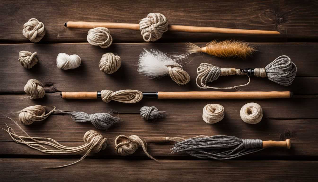 A collection of fishing knots displayed on a wooden table.