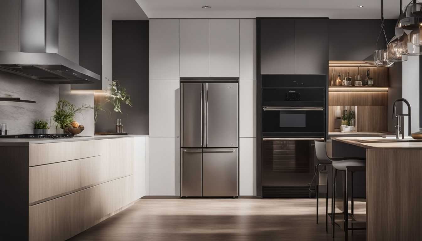 A modern kitchen with a sleek refrigerator, featuring cityscape photography.