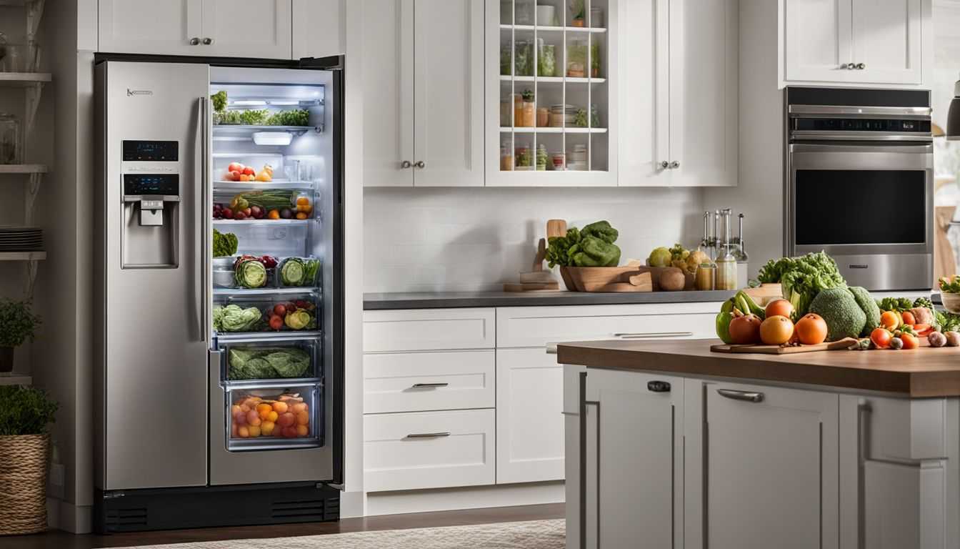 A fully stocked Kenmore refrigerator showcasing fresh fruits and vegetables.