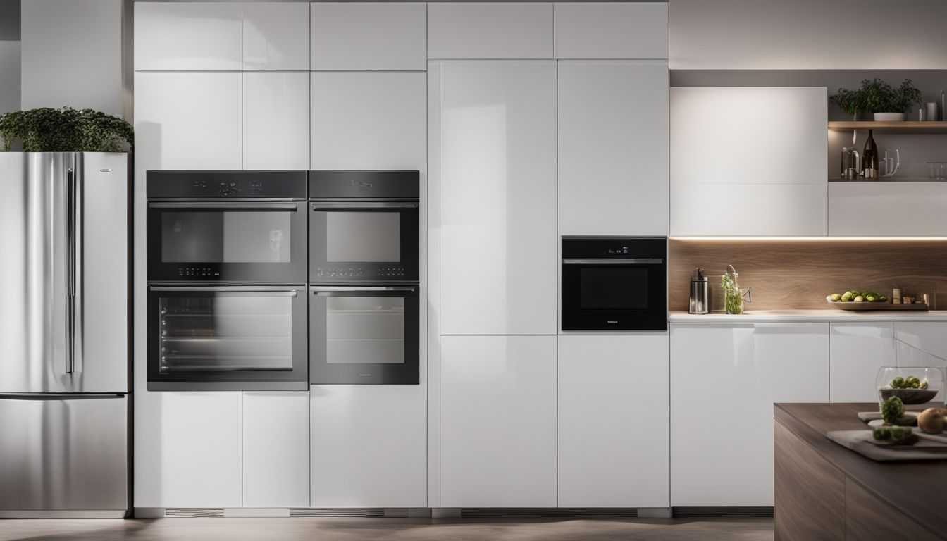 A modern white refrigerator in a sleek kitchen, with various styles and outfits.