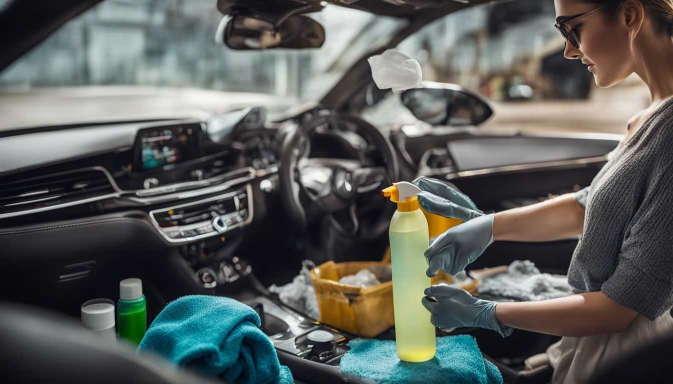 A car dashboard being cleaned with various cleaning supplies.