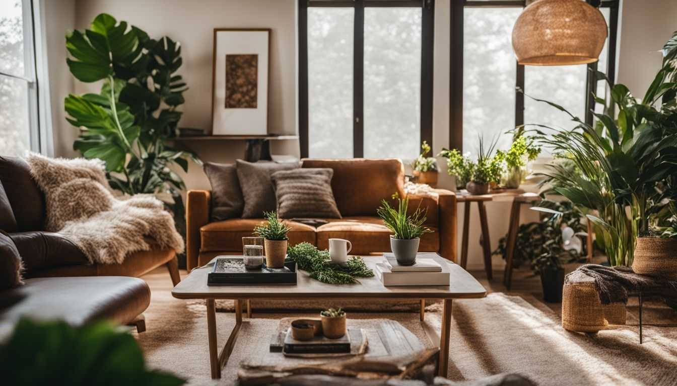 A cozy living room with a stylish coffee table and houseplants.
