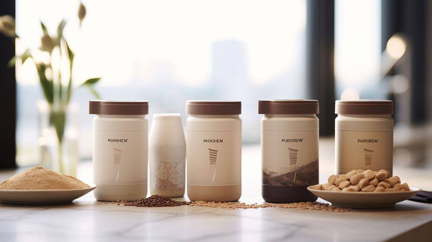 A variety of protein powder containers on a kitchen counter.