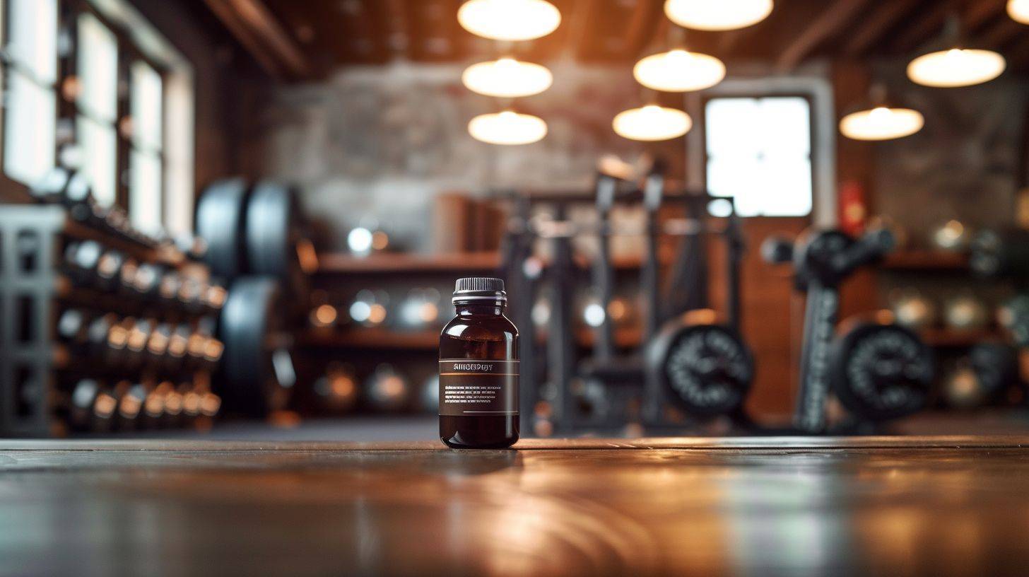 A vascularity supplement bottle in a gym with weights.
