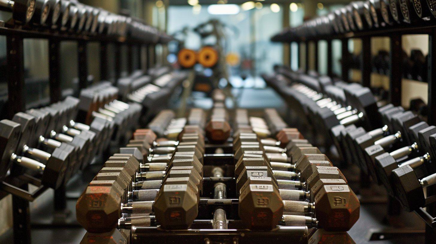 Neatly arranged dumbbells in a well-lit gym environment.