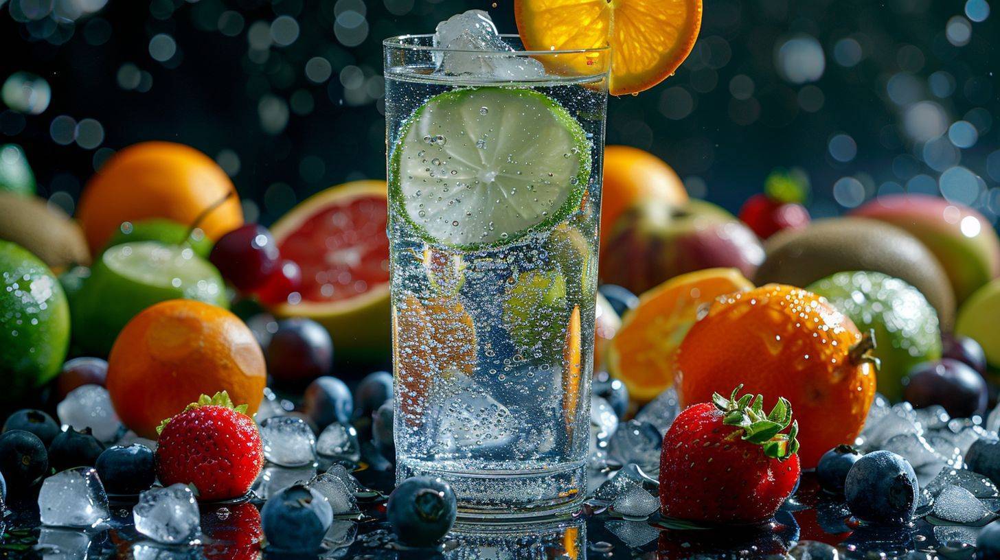 A glass of alkaline water surrounded by fresh, colorful fruits.