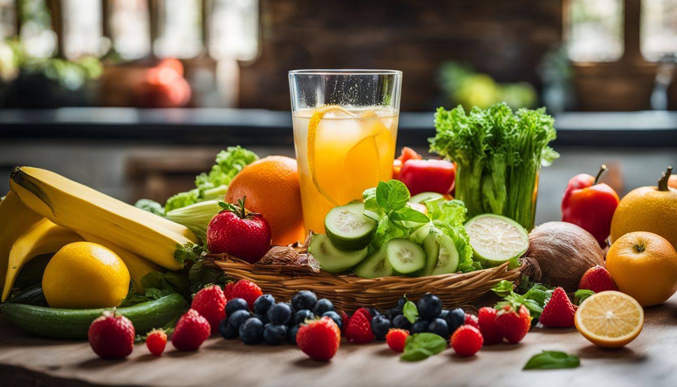 A glass of alkaline water surrounded by fresh fruits and vegetables.