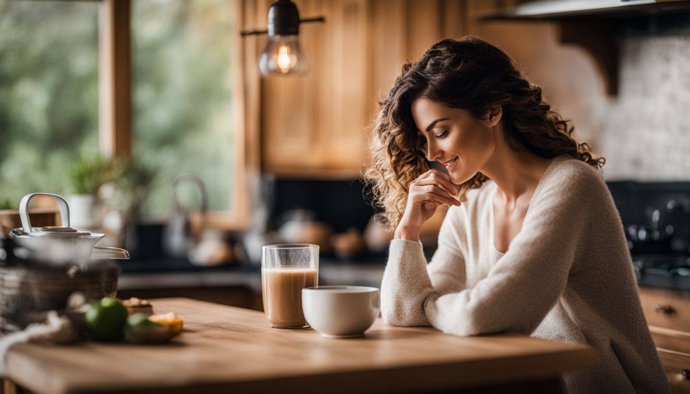 A steaming cup of coffee with non-dairy creamer in a cozy kitchen setting.