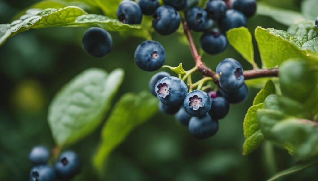 A close-up photo of ripe blueberries on a vine in a garden.