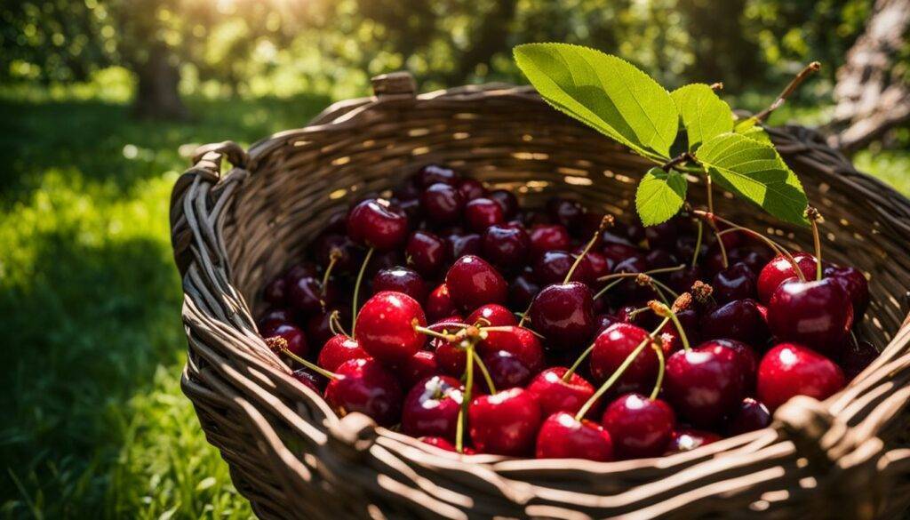 A rustic wooden basket spilling fresh cherries in a lush orchard.