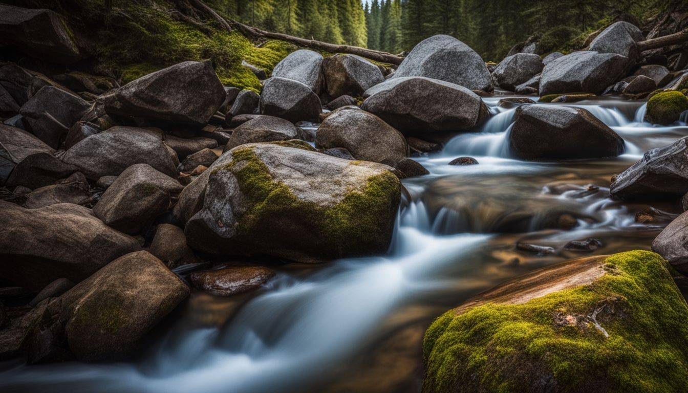 A crystal-clear mountain stream flowing among rocks in nature.