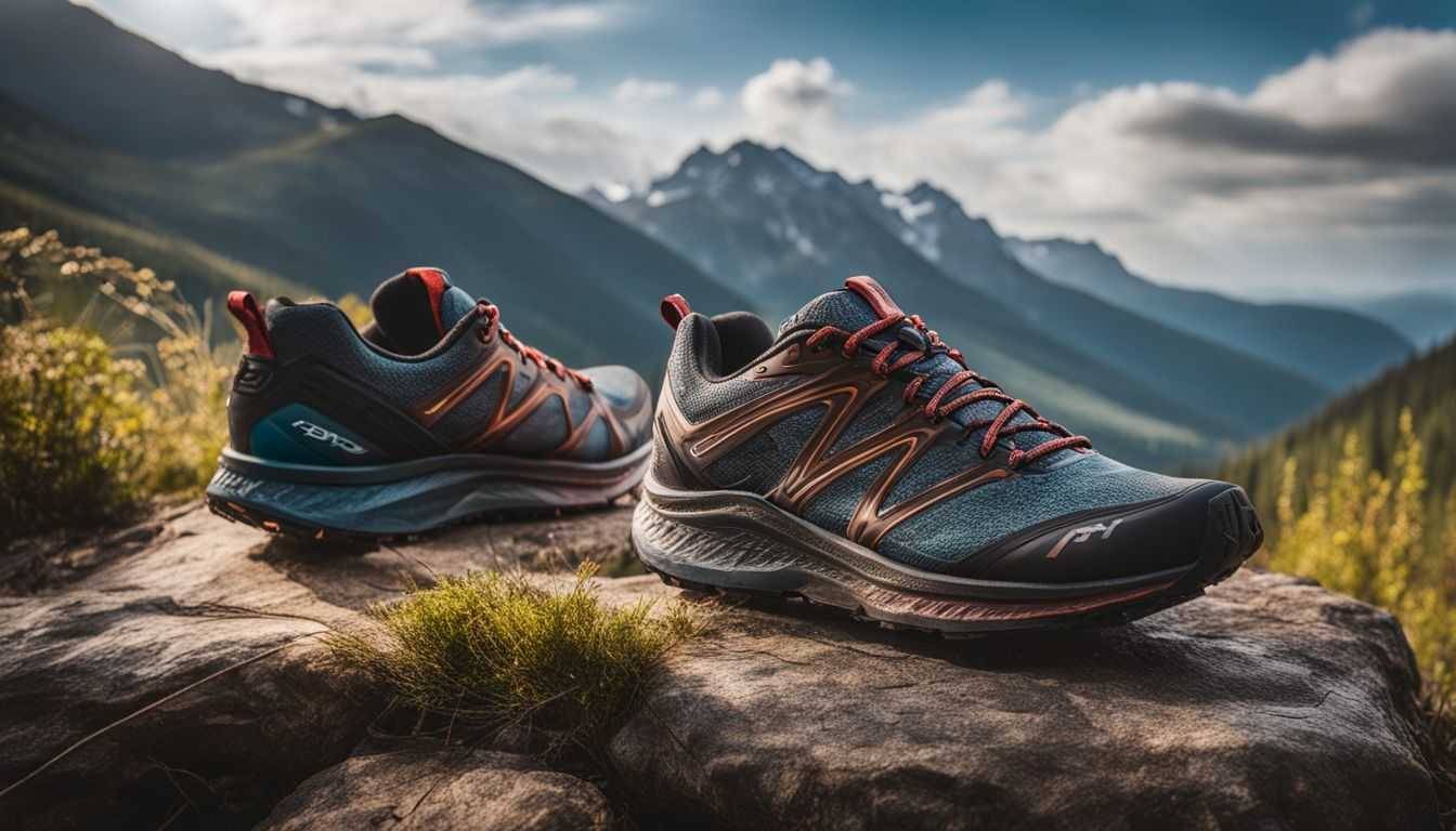 A pair of high-tech running shoes on a rugged trail in natural scenery.