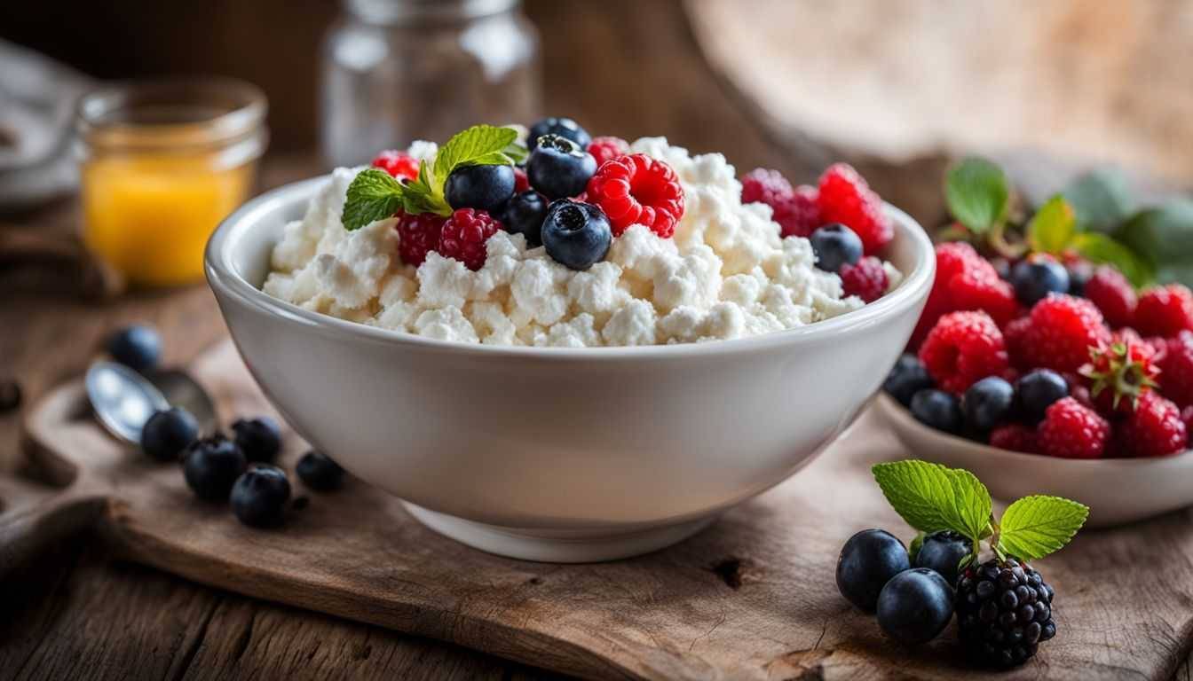 A bowl of cottage cheese with fresh berries on a rustic table.