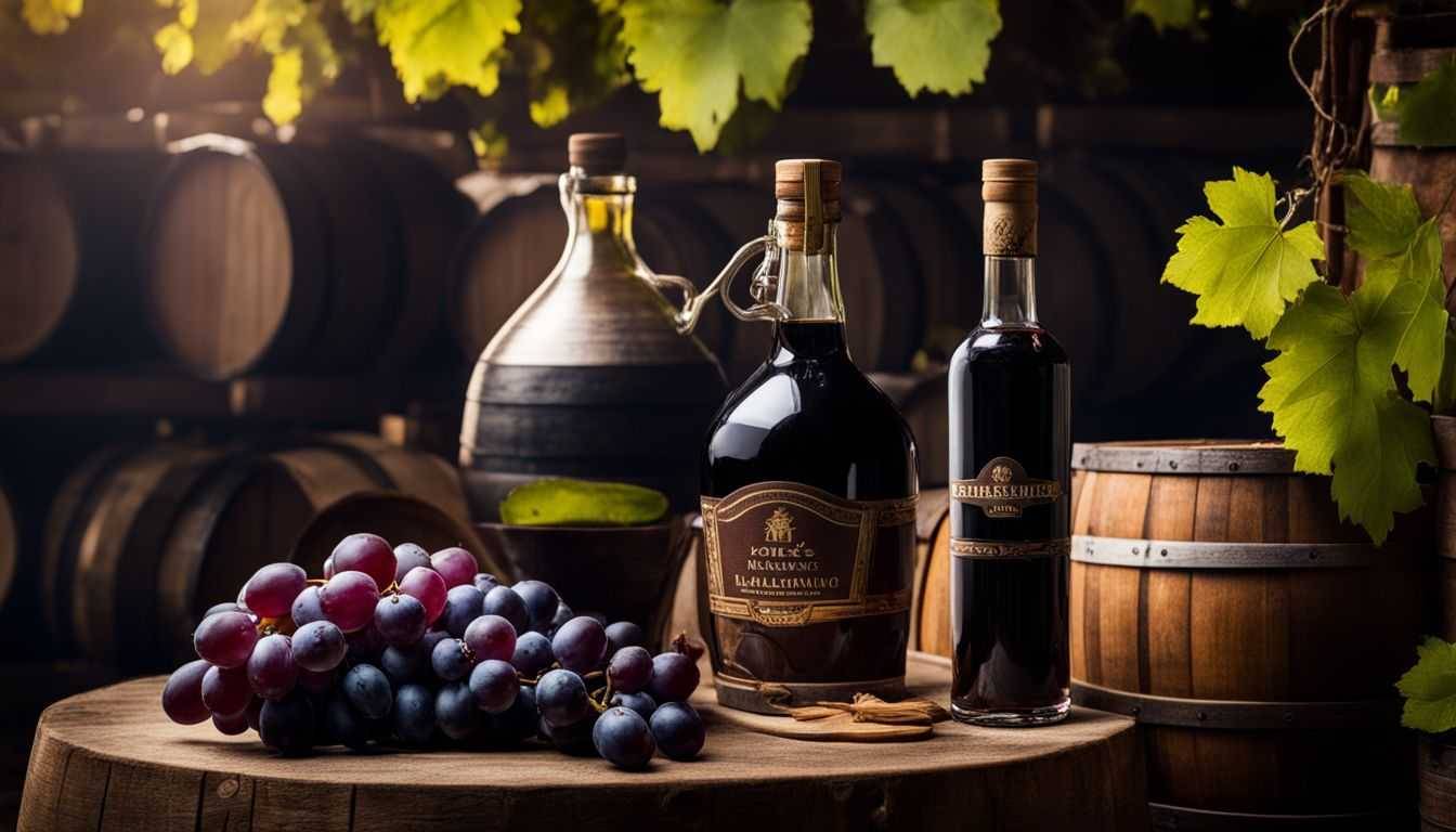 A bottle of sugar-free balsamic vinegar surrounded by grapes and barrels.