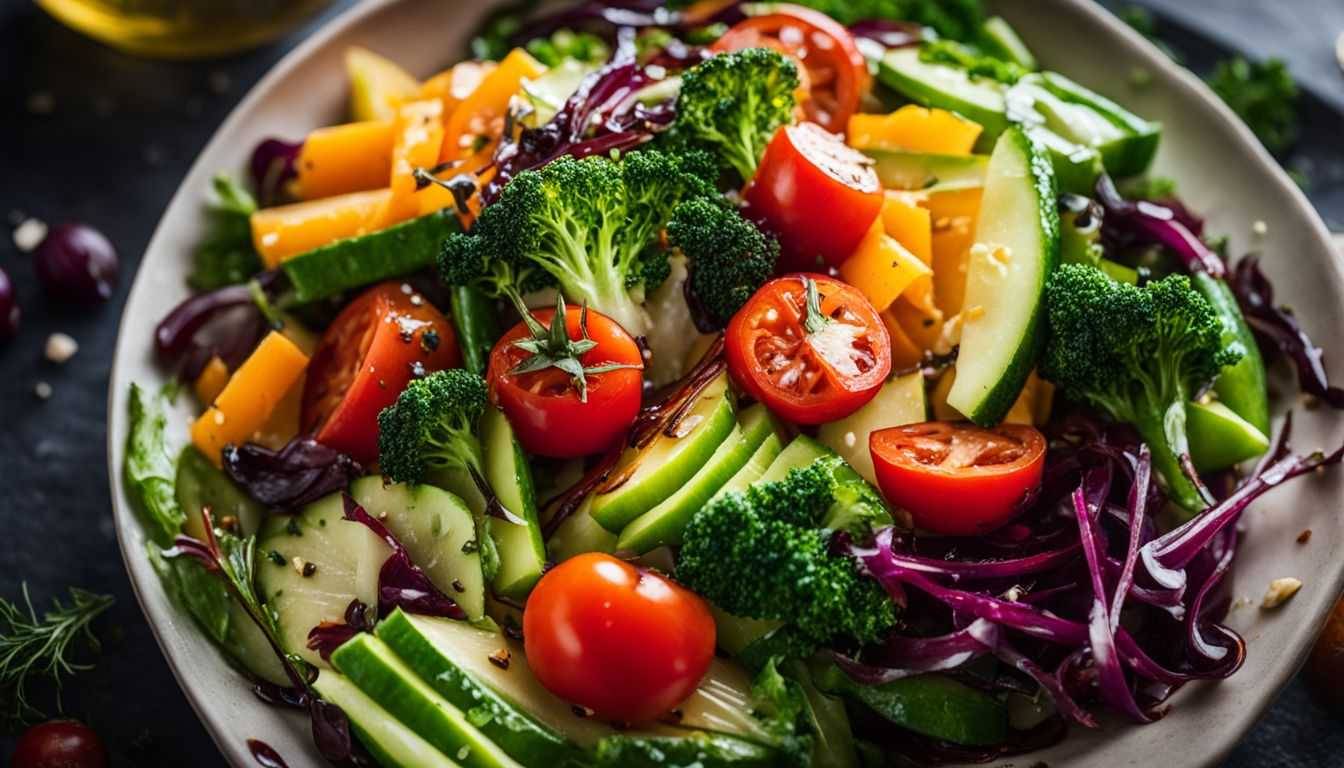 A close-up photo of a bowl of fresh vegetables with balsamic vinegar.