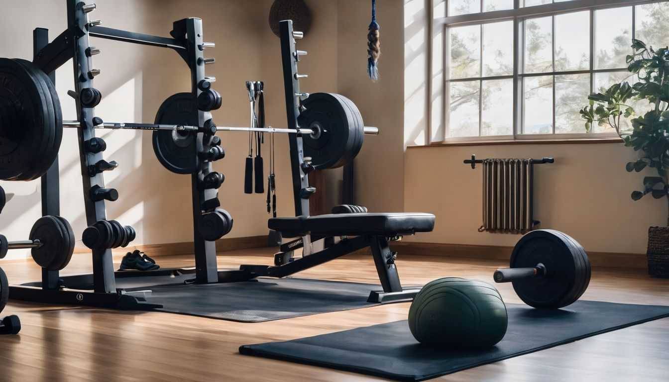 A home gym setup with weightlifting equipment in a bright, spacious room.