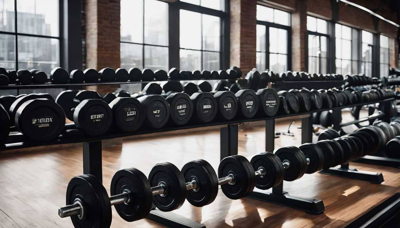 A variety of barbells and dumbbells arranged neatly in a gym.
