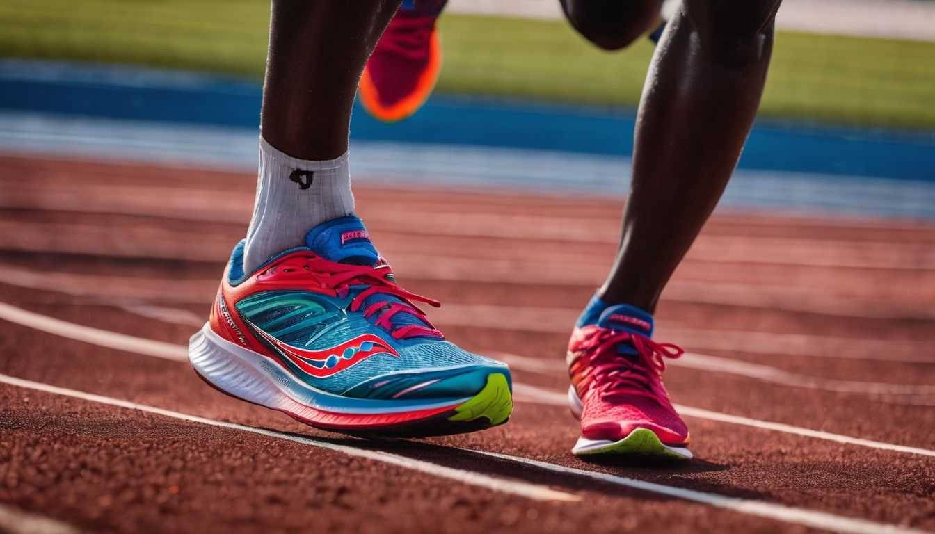 A Saucony Endorphin Speed 3 surrounded by speed workout equipment on a track.