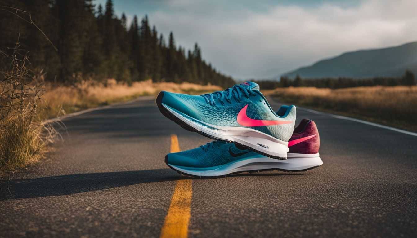 A pair of Nike Pegasus 40 road running shoes on an open road.