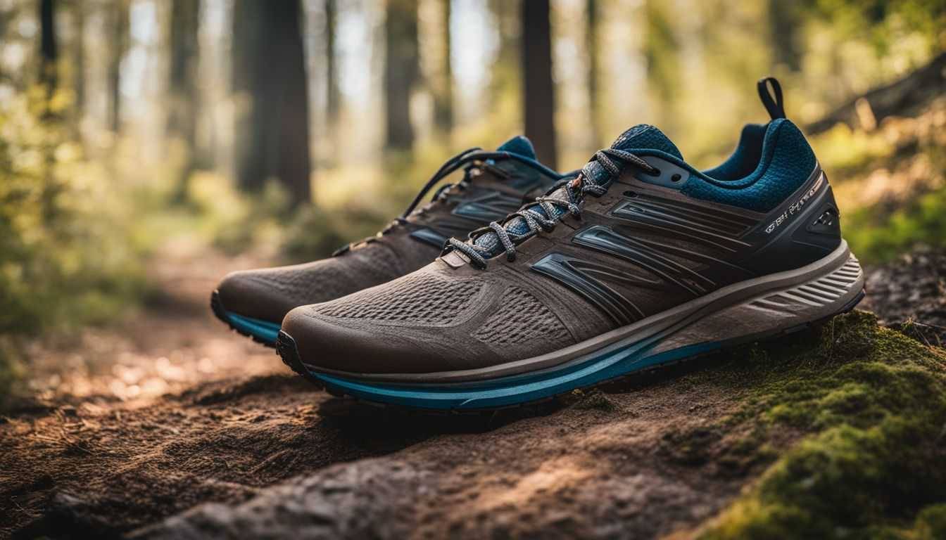 A pair of running shoes on a dirt trail in the woods.