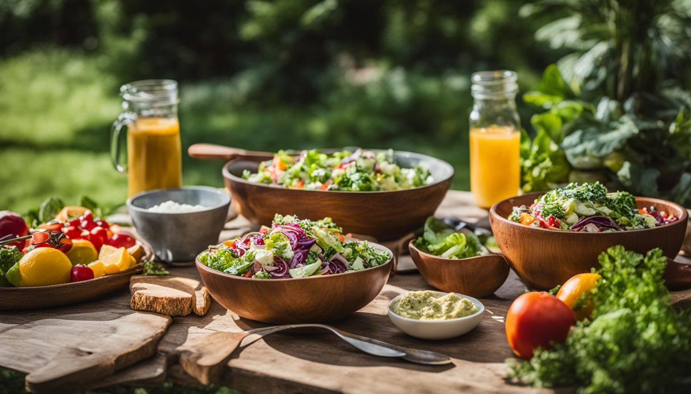 A vibrant keto salad spread on a rustic wooden table in a garden.