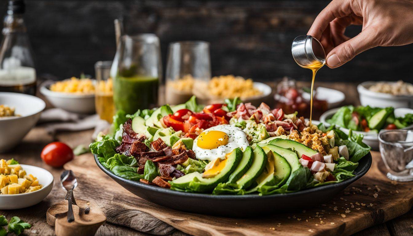 A beautifully plated Keto Cobb Salad on a rustic wooden table.