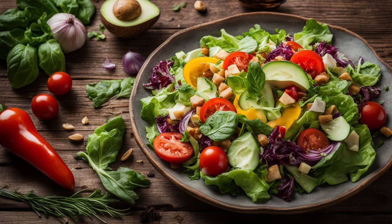 A colorful keto salad arranged on a rustic wooden table with fresh vegetables.