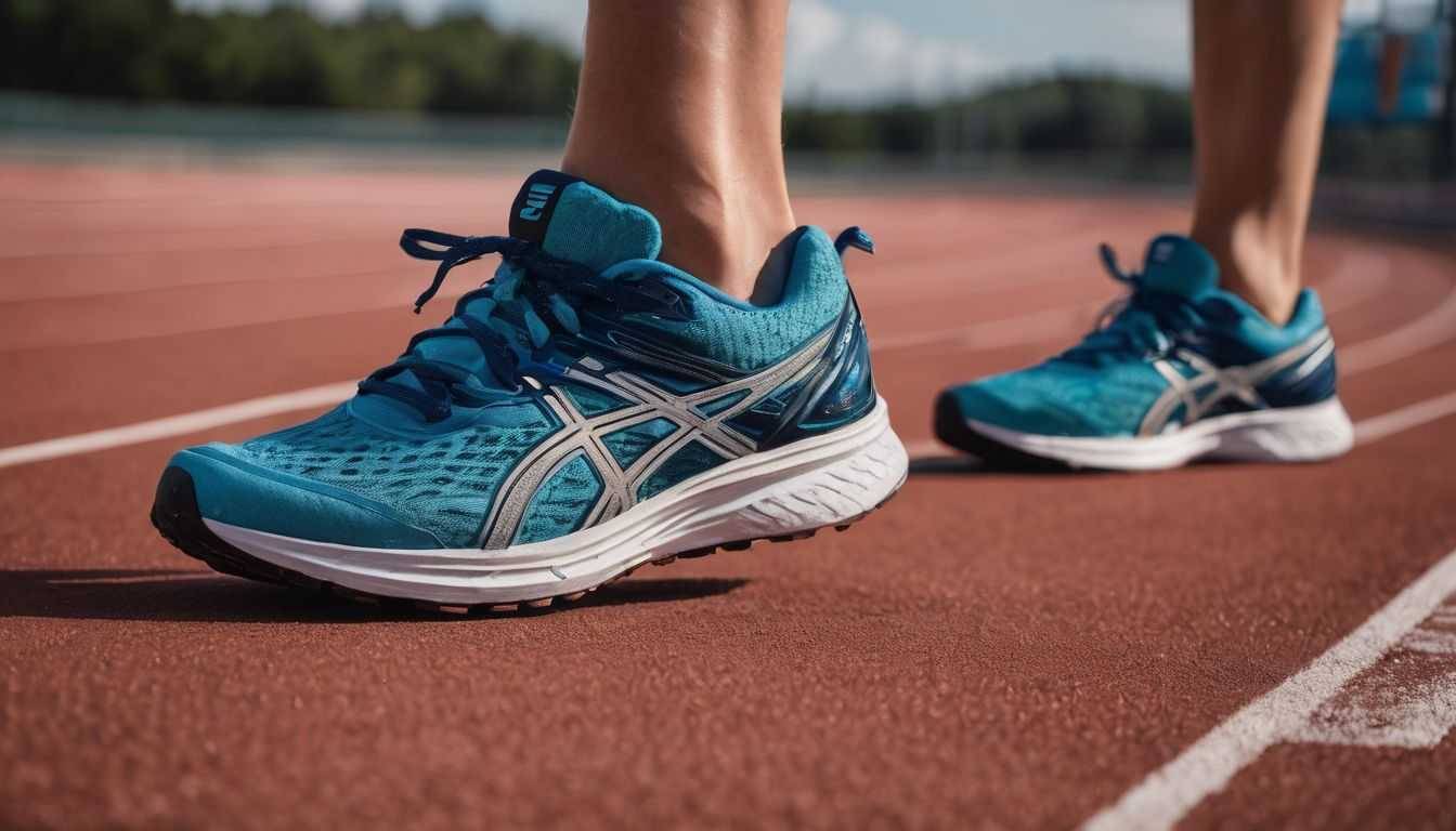 A pair of running shoes on a track with a focus on arch support.