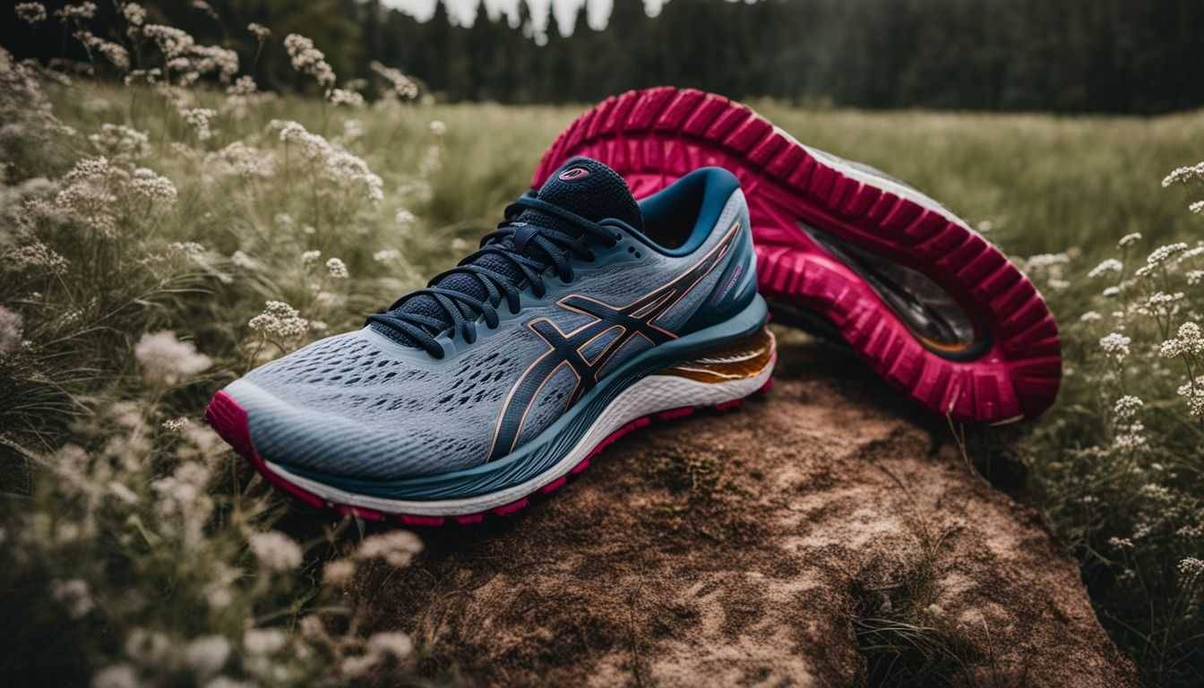 The ASICS GEL-Nimbus 24 shoe is featured in a nature-inspired, photorealistic setting.