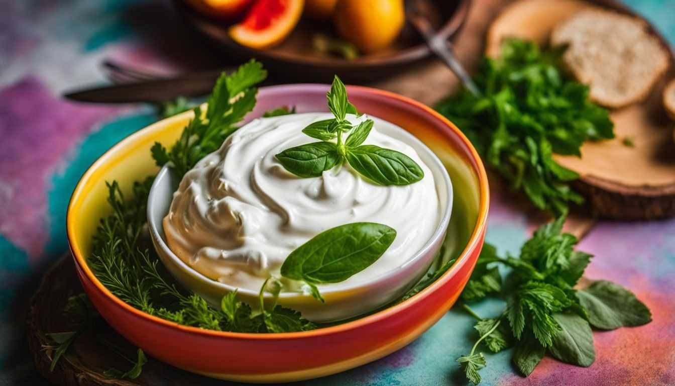 A dollop of sour cream on a colorful plate surrounded by fresh herbs.