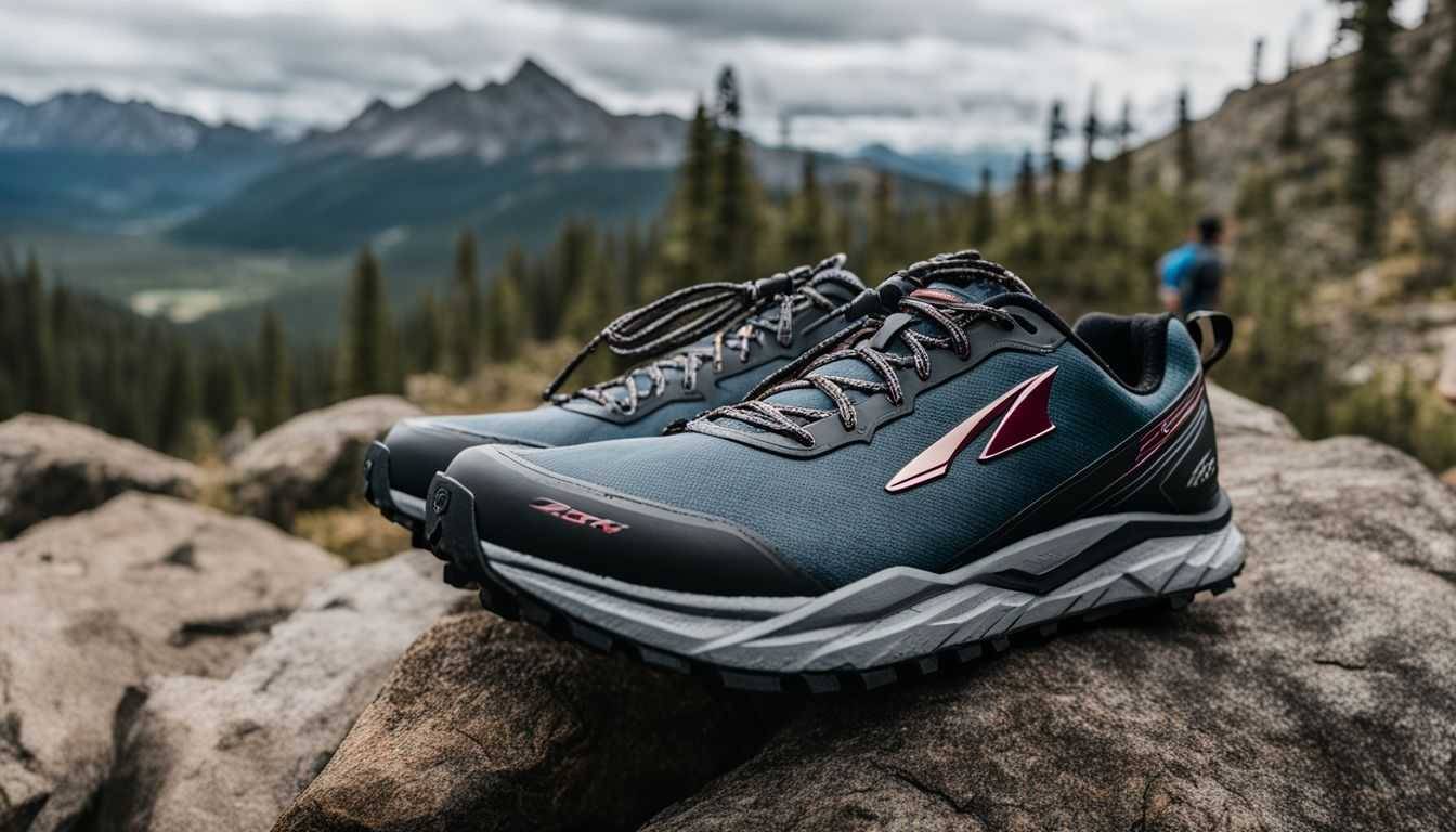 The Altra Lone Peak 7 trail running shoe on a mountain path.