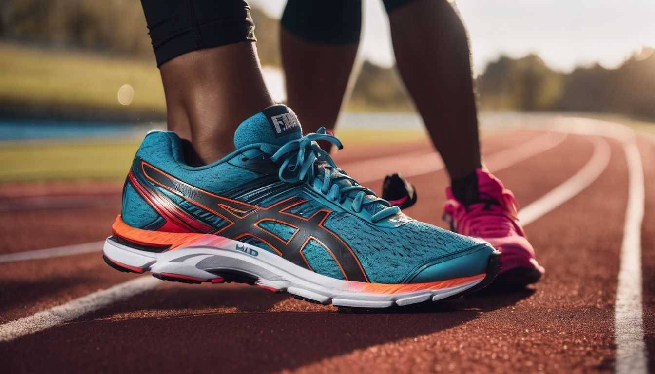 A pair of running shoes on a track surrounded by athletic gear.