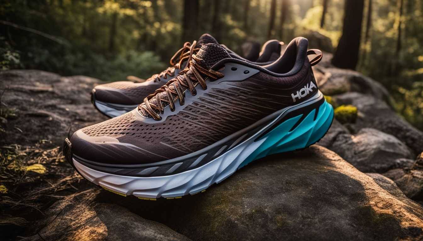 A pair of Hoka Clifton 8 running shoes on a scenic running trail.