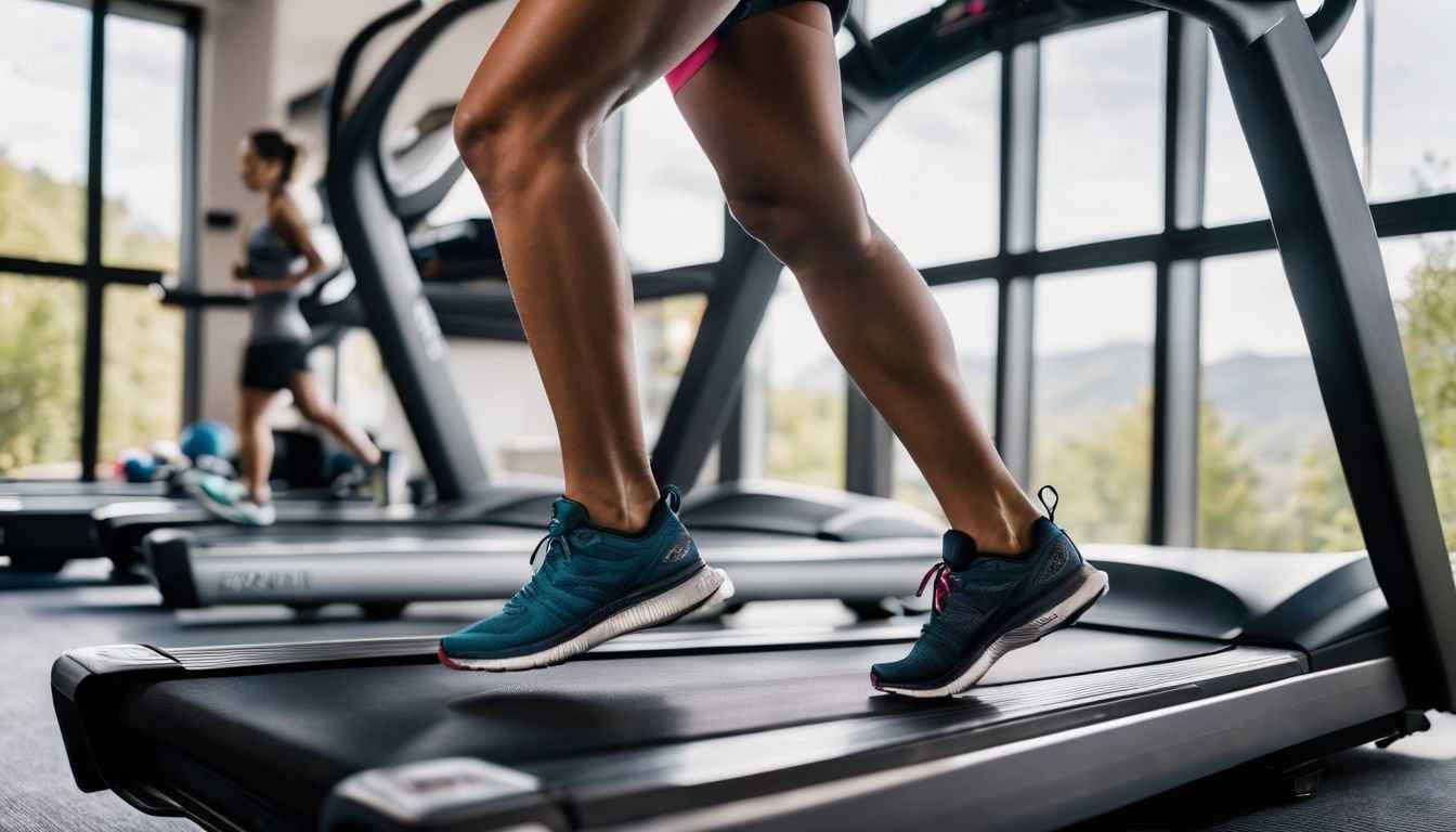 A pair of running shoes on a treadmill in a busy gym.